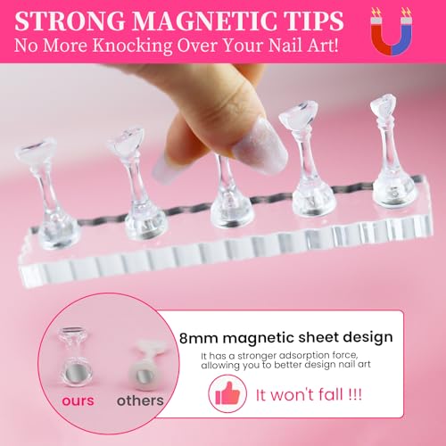 ESUOHYM Large Clear Press On Nail Stand with Magnetic Tips & 200 Sticky Tabs for DIY Nail Art & Salon Use