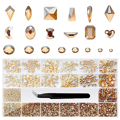 Molisaka Champagne Gold Nail Rhinestones Set 21 Grids Multi Shapes & Sizes for Nails