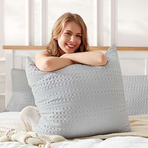 Elegant Waffle Weave Euro Shams - 2 Pack Decorative Pillow Covers, 26x26 in, Light Grey