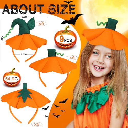 9 Pcs Halloween Pumpkin Headbands - 3 Festive Styles Foam Hair Hoops