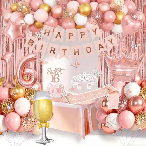 Rose Gold Sweet 16 Birthday Decorations Set for Girls