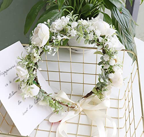 Women's White Floral Crown Headband - Adjustable Halo Headpiece F