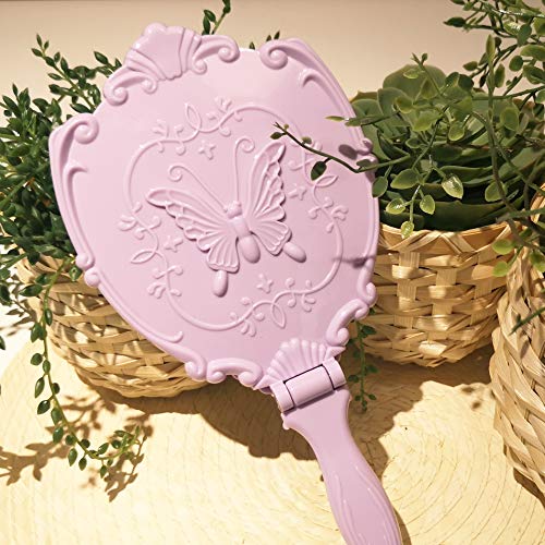 VrHere MirriM Butterfly Embossed Handheld Mirror with Folding Handle - Princess Style Girls Mirror, Travel & Makeup