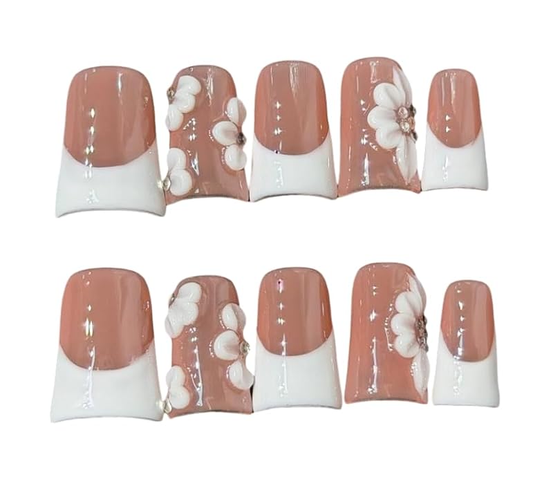 Large Handmade Press-On Nails Set with 3D Flower French Tip - Nude Pink