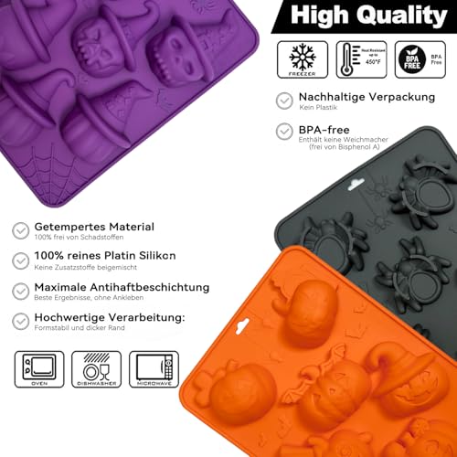 Halloween Silicone Molds - 3 Pack Pumpkin, Skull & Spider Designs