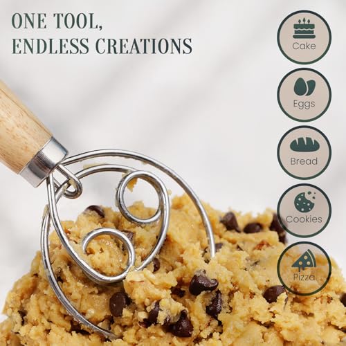 Danish Dough Whisk 13-Inch - Double Loop Bread Mixer with Wooden Handle