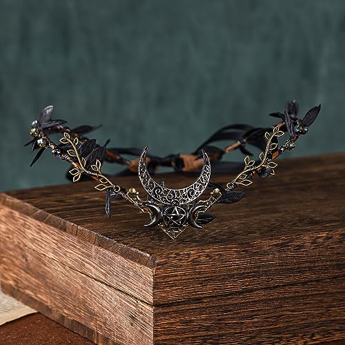 MOSTORY Black Rhinestone Moon Elf Crown - Handmade Fairy Tiara