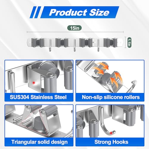 Broom Holder Wall Mount Organizer with 4 Racks & 3 Hooks - 2 Pack