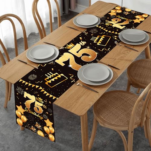 Happy 75th Birthday Table Runner - Black & Gold 72 Inch Linen