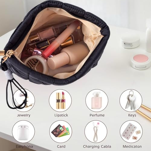 CECKQUE BK-CHy-R Black Puffer Quilted Makeup Bag with Wrist Strap, 10-Inch Travel Cosmetic Organizer