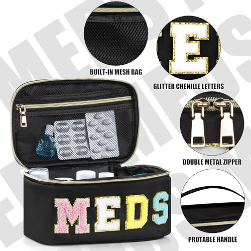 BuyCard Black Nylon Meds Cosmetic Pouch with Chenille 'MEDS' Letters Preppy Bag with Zipper & Handle