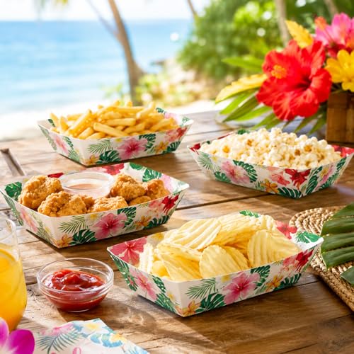30 Pack Hawaiian Hibiscus Paper Food Trays - Tropical Party Supplies