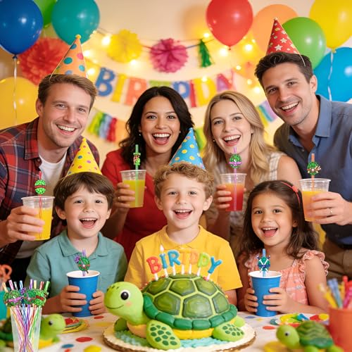 24 Reusable Green Turtle Drinking Straws Set for Kids Parties