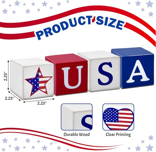 Patriotic USA Wooden Block Set - 4PCS Rustic 4th of July Decor