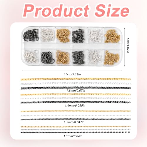 Gosknor 12-Piece Metal Nail Chain Strips – Gold, Silver & Black Nail Art Chains with Box