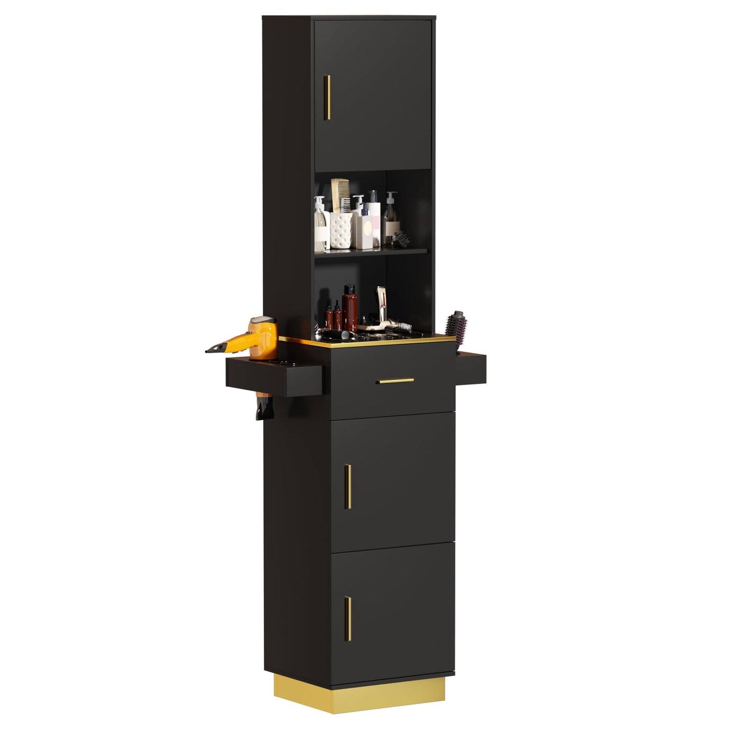 Oakvera Tall Hair Salon Station for Hair Stylist with Storage (Black)