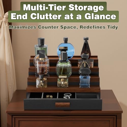 4 Tier Black Walnut Wooden Perfume Organizer with Drawer