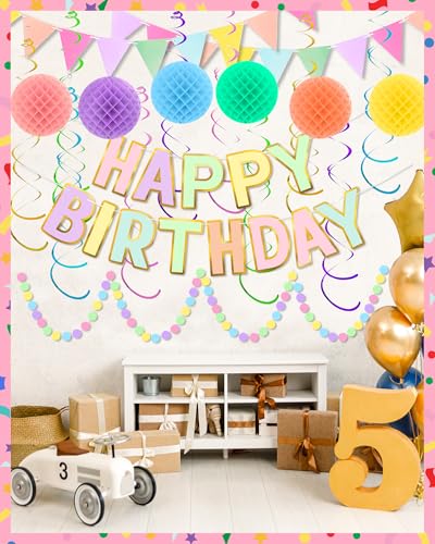 Colorful Happy Birthday Party Decorations Set - Banner & Swirls