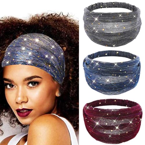 CAKURE Sequin Wide Headband Set - Black, Red & Blue Bling Hair Wraps for Women
