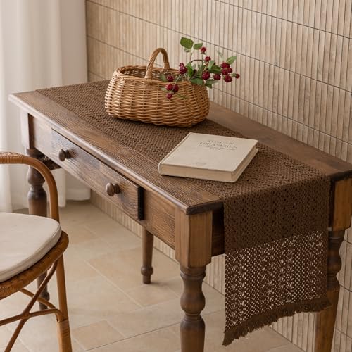 Boho Macrame Table Runner 13x60 Inch - Rustic Linen Blend for Dining