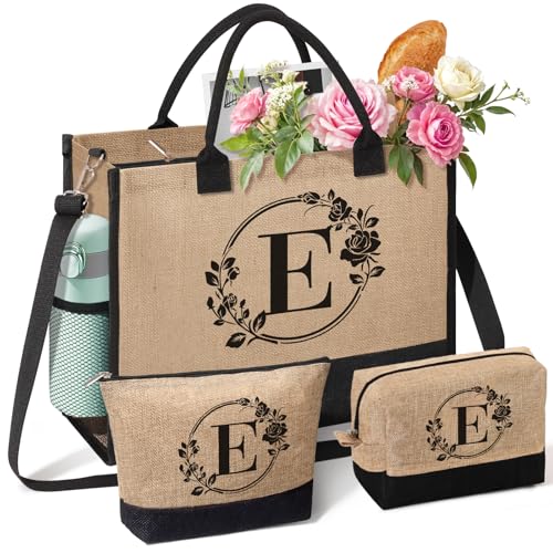 Monogrammed Initial Jute Tote Bag E - Personalized Beach Bag for Women