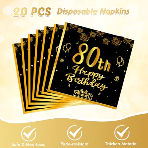 80th Birthday Party Decorations Kit - Black Gold Tableware Set