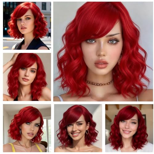 BUFASHION 14" Red Wavy Curly Wig with Bangs - Synthetic Cosplay Hair