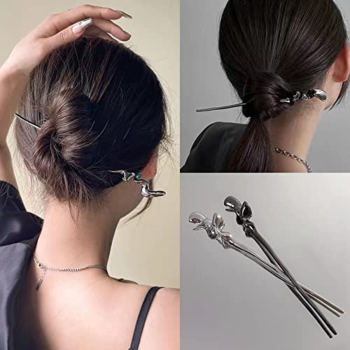 2Pcs Chinese Hair Sticks for Women - Silver & Black Metal Hairpins
