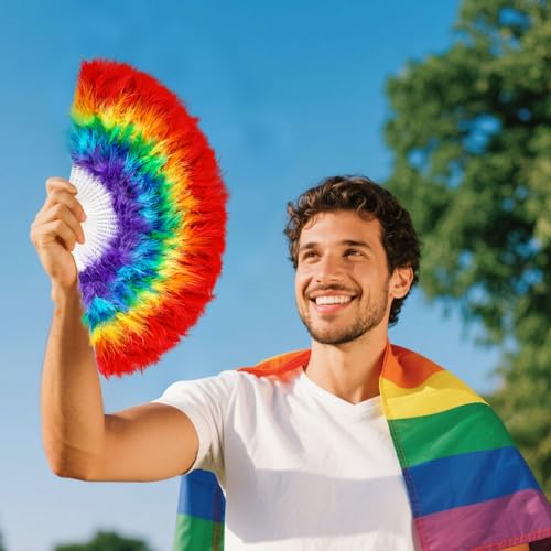 Rainbow Feather Hand Fan - 20-Inch Folding Fan for Festivals & Parties