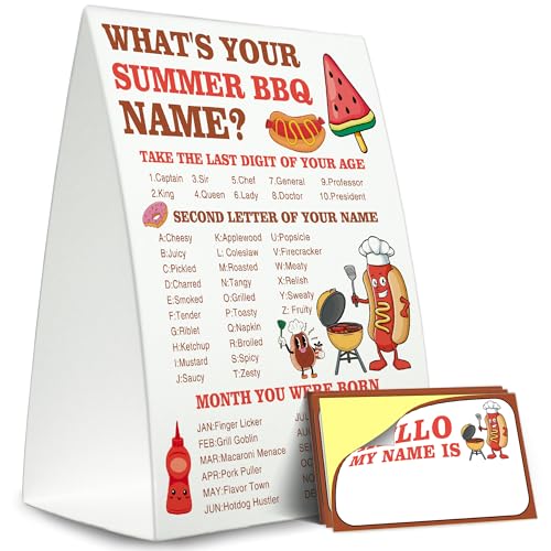 Summer BBQ Name Game Set with Sign & 30 Stickers for Parties