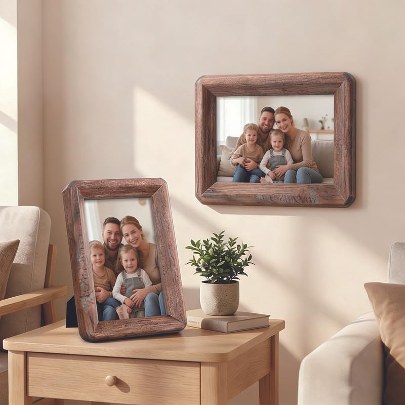 4x6 Rustic Wooden Picture Frame with Tempered Glass - Vertical & Horizontal Display