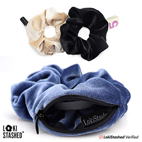 3-Pack Velvet Hair Tie Scrunchies with Hidden Zipper Pocket - Navy, Tan, Black