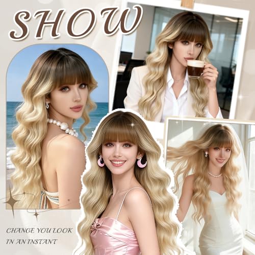 Potoki Ombre Blonde Long Wavy Synthetic Wig with Bangs - 26 Inch