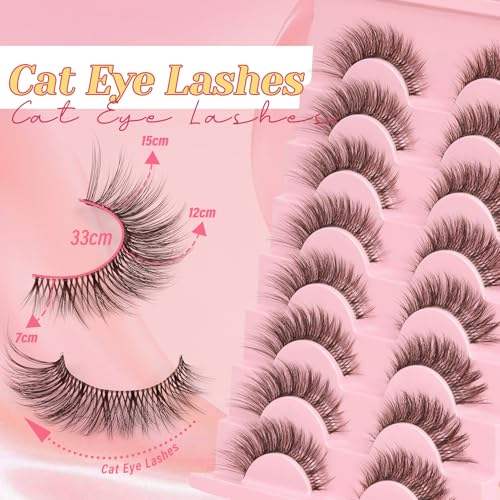 Ahrikiss Ethereal Brown Cat Eye Lashes Kit - Natural Look, 8 Pairs with Glue & Tweezers