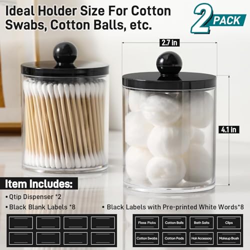 Acrylic Qtip Holder Dispenser Set - 2 Pack Clear Canisters with Labels
