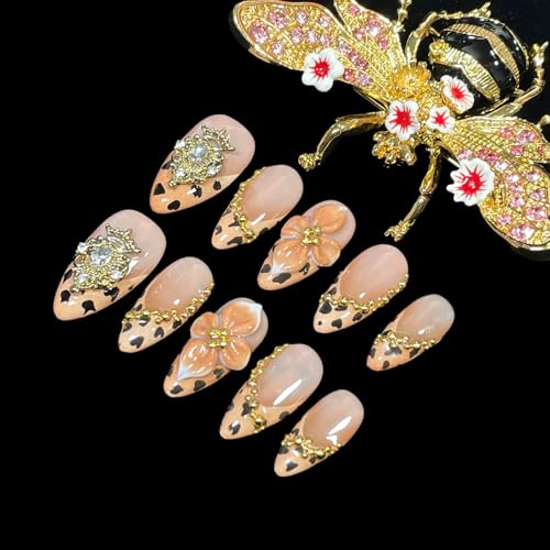 Handmade Press-On Nails 3D Flower & Gold Crown, M - Luxury Acrylic Fake Nails