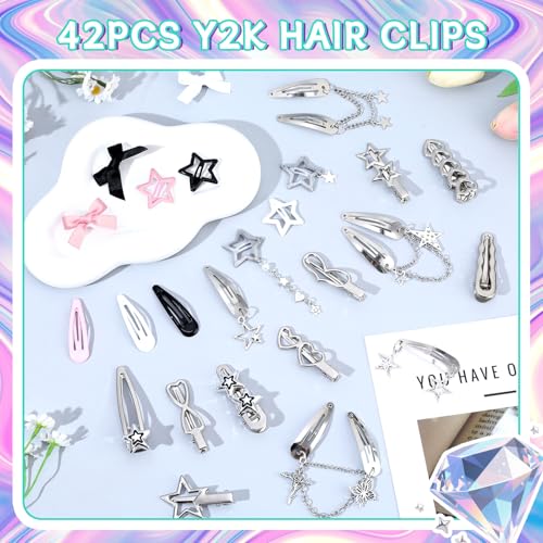 Pink Y2K Hair Clips Set - 42pcs Star & Cross Barrettes for Stylish Hair Styles