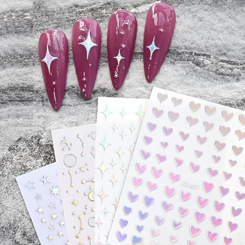 12 Sheets Aurora Star Nail Stickers - 3D Self-Adhesive Decals
