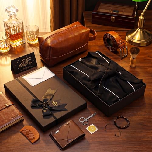 Shyyween 10 Pcs Birthday Gifts Baskets for Men Father Gift Get Well Soon Gifts Beard Care Set Graduation Gift for Him with Bathrobe, Wallet, Beard Comb & Brush Set for Dad Boyfriend Husband(Brown)