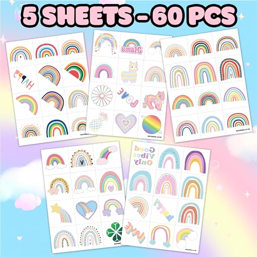 60 Pastel Rainbow Temporary Tattoos for Kids - Perfect Party Favors