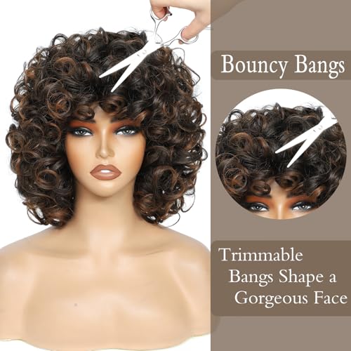 Short Curly Wig for Black Women - Ombre Auburn Afro Kinky Curls with Bangs