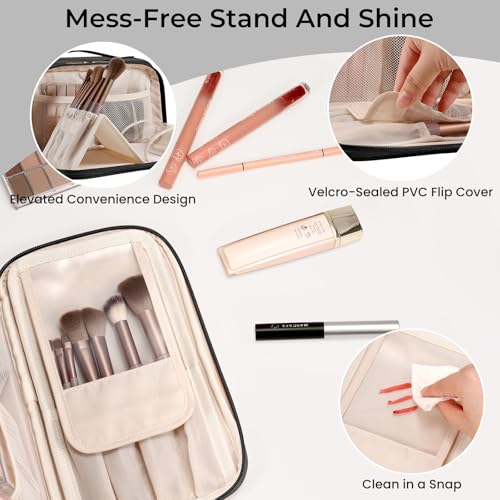 Travel Makeup Bag for Women Large Capacity Waterproof Organizer with Brush Holders - Black