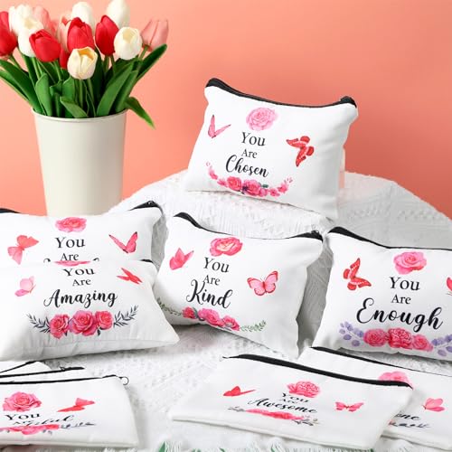 Hillban 10 Pcs Canvas Cosmetic Bags, White Butterfly Print Makeup Pouches