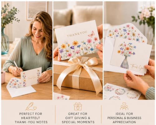 Racrico 60 Floral Thank You Cards with Envelopes - Bulk Set