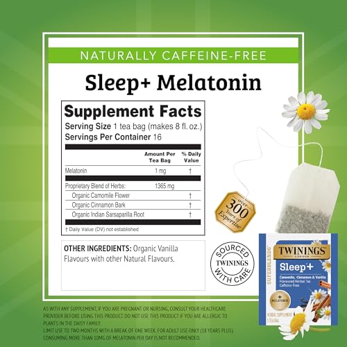 Twinings Sleep+ Herbal Tea with Melatonin, Chamomile & Vanilla - 16 Tea Bags Pack