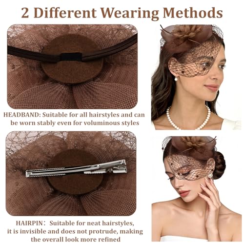 Reddish Brown Fascinators Hat for Women Mesh Feathers Tea Party Derby Headband with Hair Clip