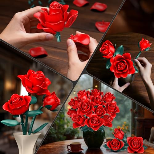 DIY Red Rose Flower Bouquet Building Set - 12 Adjustable Blooms