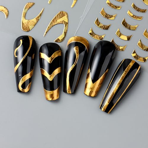 Gold French Tip Nail Art Stickers - Wavy Stripe Decals for Manicure, 6 Sheets