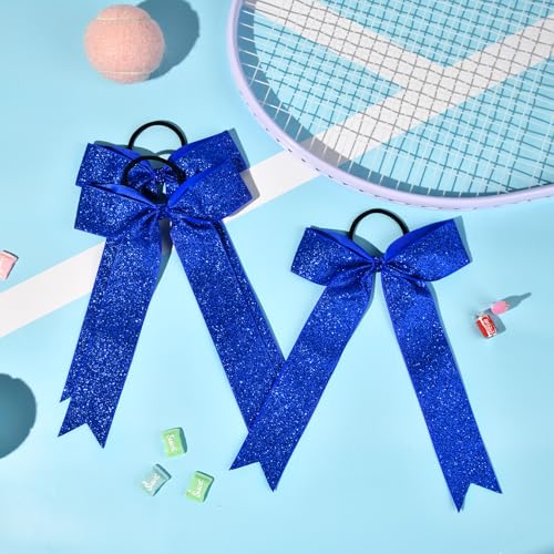 DEEKA Royal Blue Glitter Cheer Bows - 12 Pack Long Tail Ponytail Holders