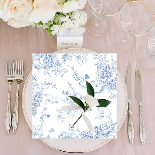 50 Pack Blue Floral Cocktail Napkins for Parties & Events